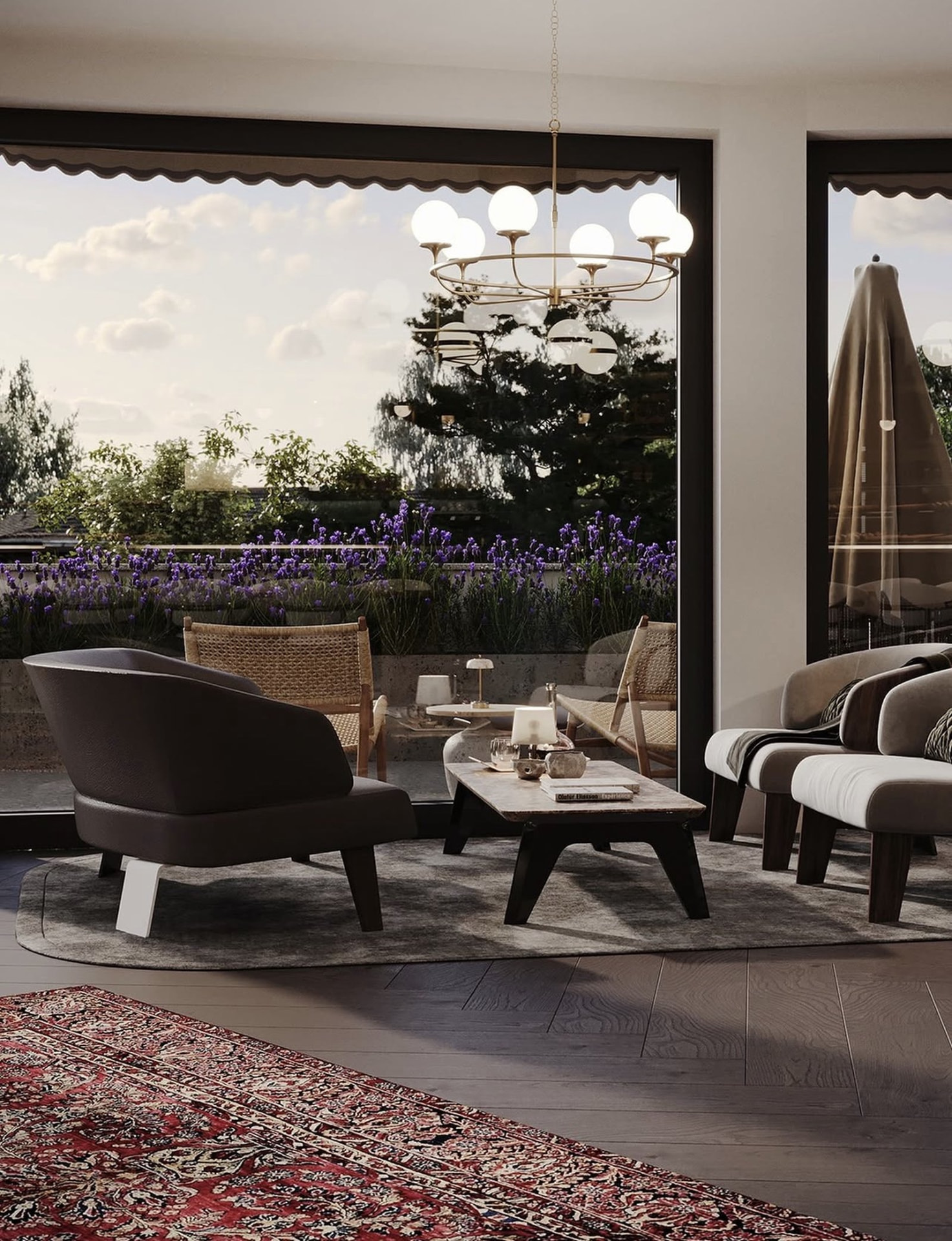 A lounge terrace at Socity Club overlooking lavender and the city