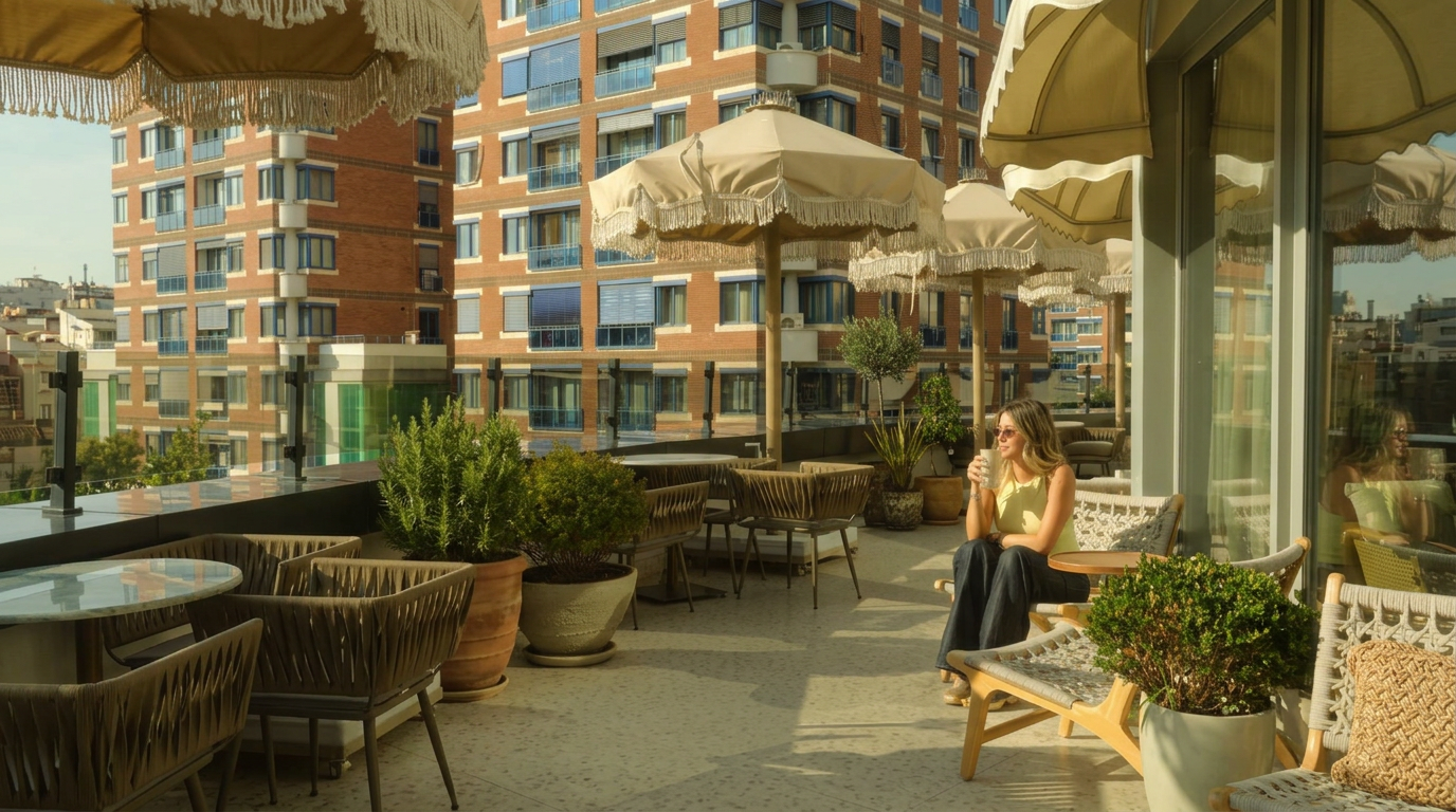 A member sitting under a fringed parasol on the Socity Club terrace